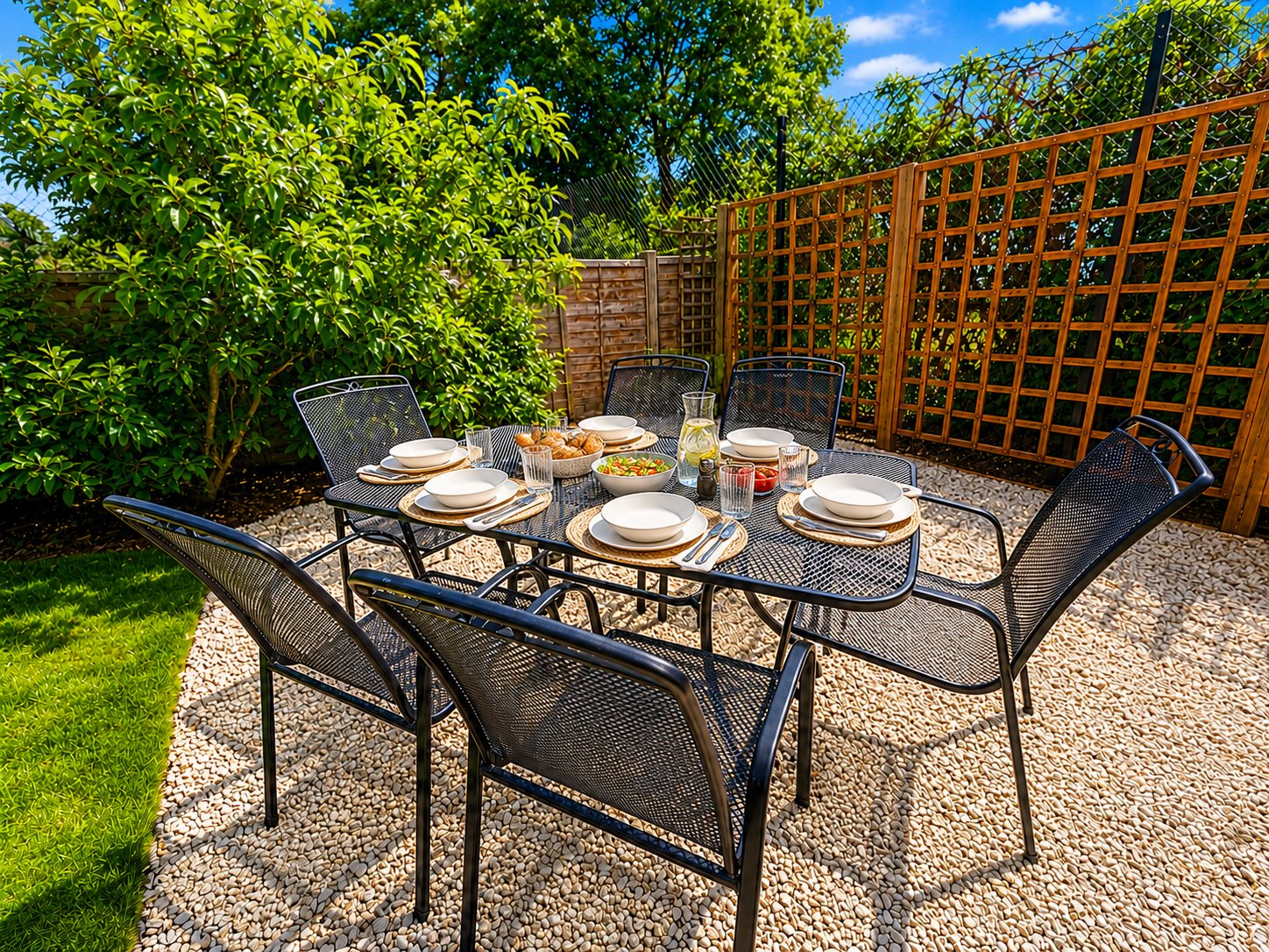Outdoor dining table dressed for six at the sunny end of the garden