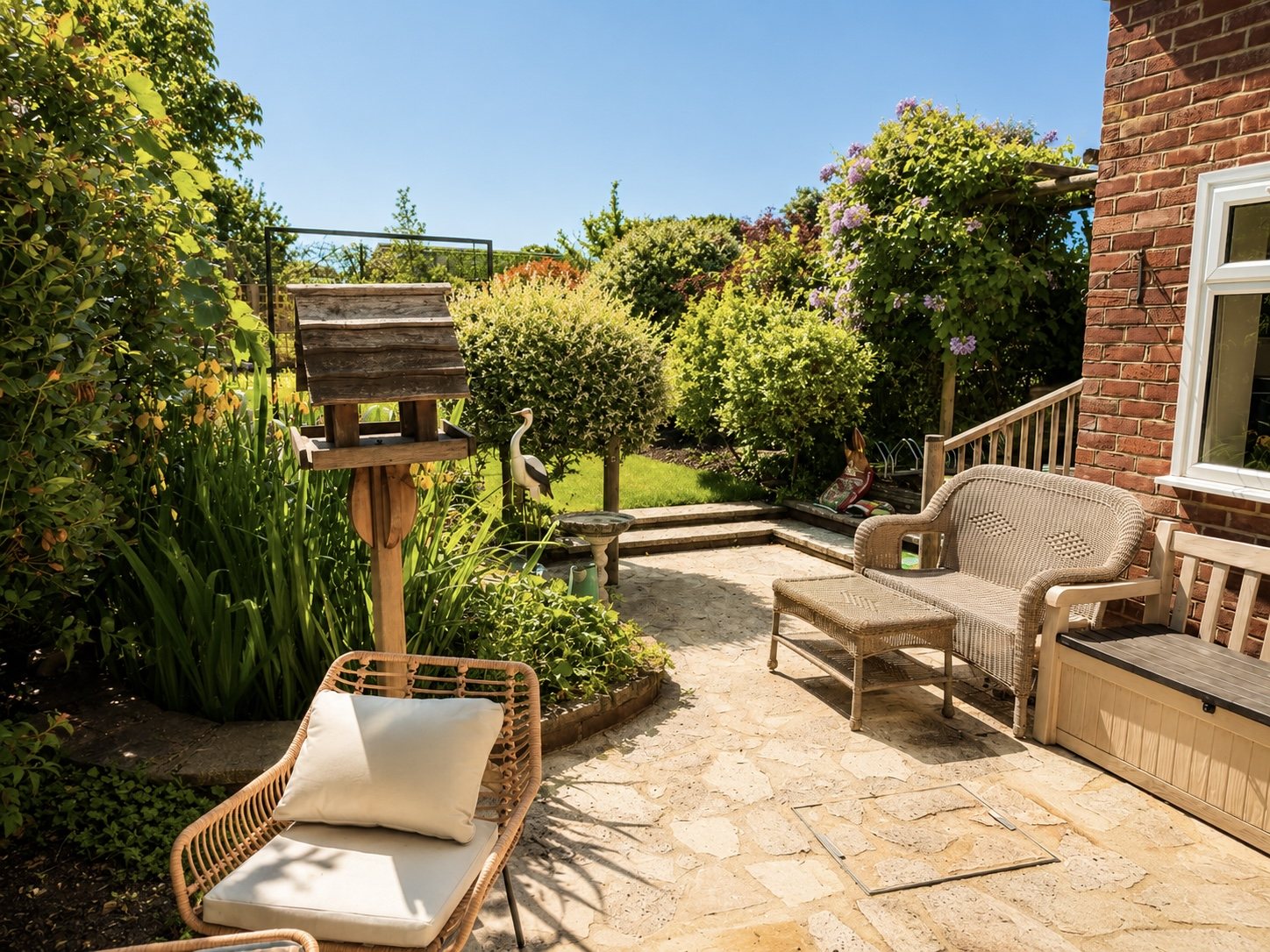 Patio seating beside planting and a small pond