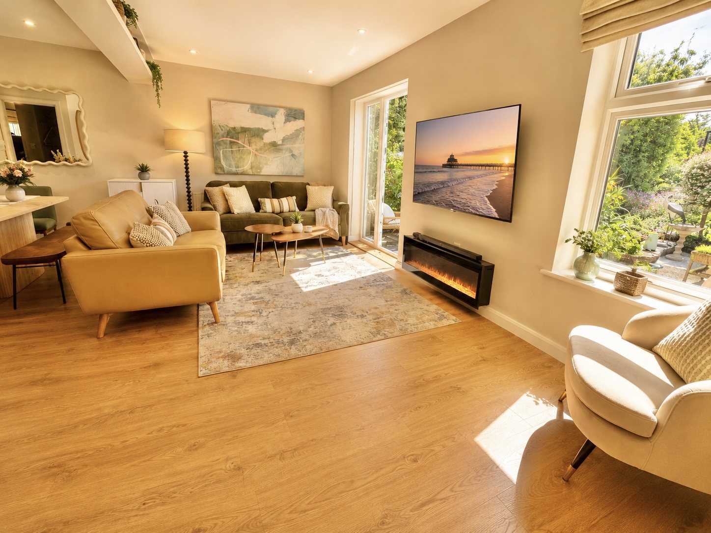 Warm sitting room with garden views, TV and flame-effect feature fire
